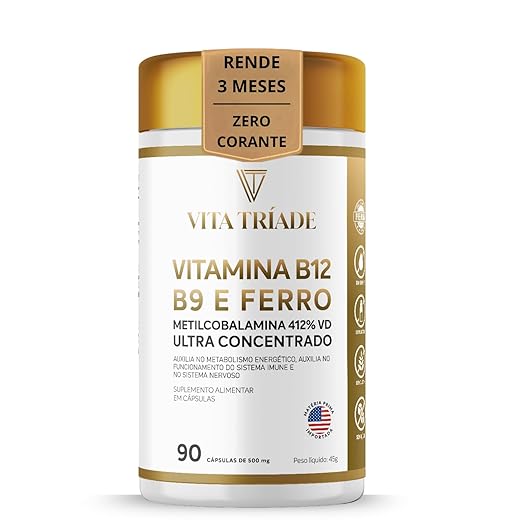Vitamina b12 Metilcobalamina 412% 9,9mcg + Acido Fólico 150% + ferro 100% - 90 Cáps - Vita Tríade