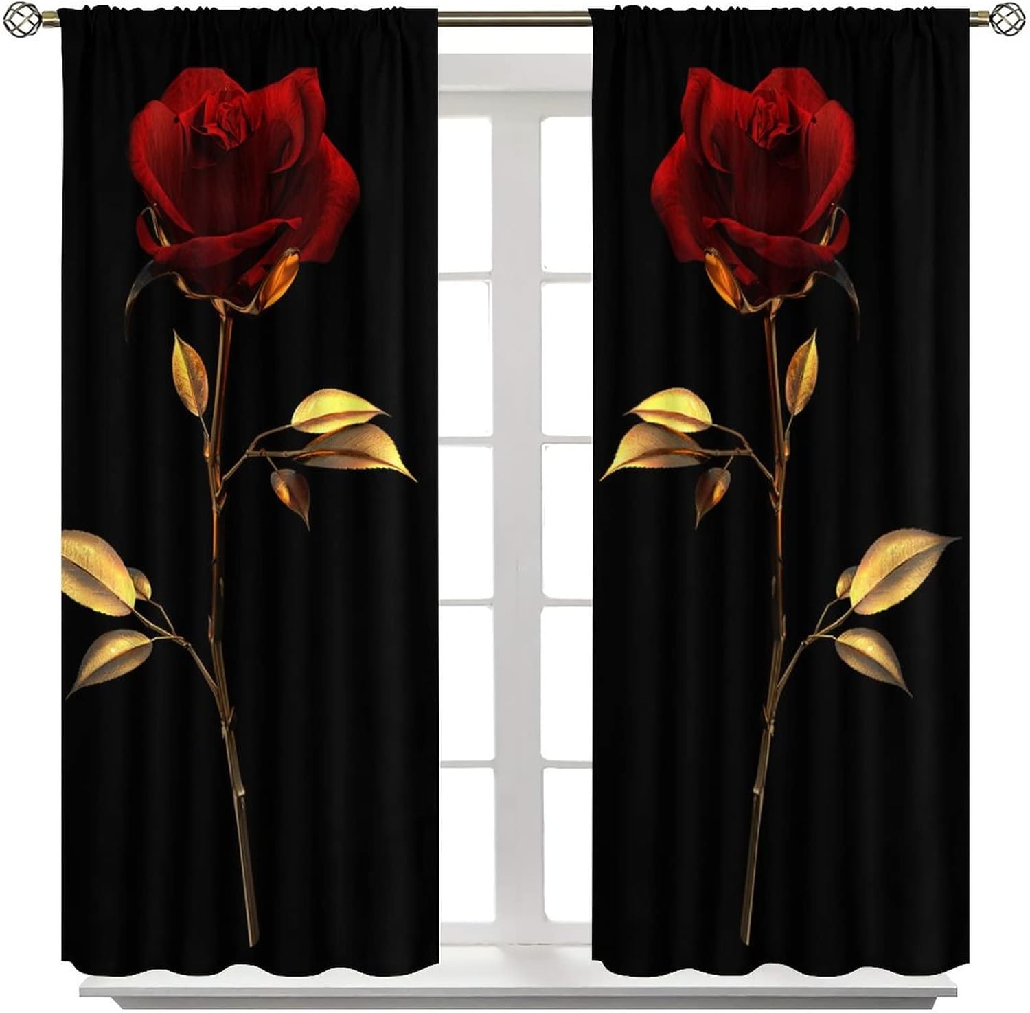 Red Rose Curtains, Romantic Rose Print Blackout Curtains Burgundy Red and Black Flower Window Treatments for Women Girls Home Decor Floral Drapes 2 Panels,42x63 Inch