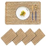 CY SISTERS Woven Placemats Set of 4 Rattan Placemats Rectangle Natural Placemats Wicker Heavy Braided Straw Placemat Farmhouse Square Plates Place mats for Indoor/Outdoor Patio Table 17.7'' X 11.8''