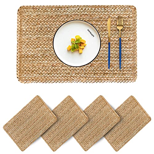 Image of Woven Placemats Set of 4 Rattan Placemats Rectangle Natural Placemats Wicker Heavy Braided Straw Placemat Farmhouse Square Plates Place mats for Indoor /Outdoor Patio Table 17.7'' X 11.8''