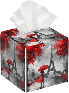 Red Umbrella Women Eiffel Tower Tissue Box Cover Leather Tissue Box Case Holder Decorative Facial Paper Organizer for Car Bathroom Tabletop