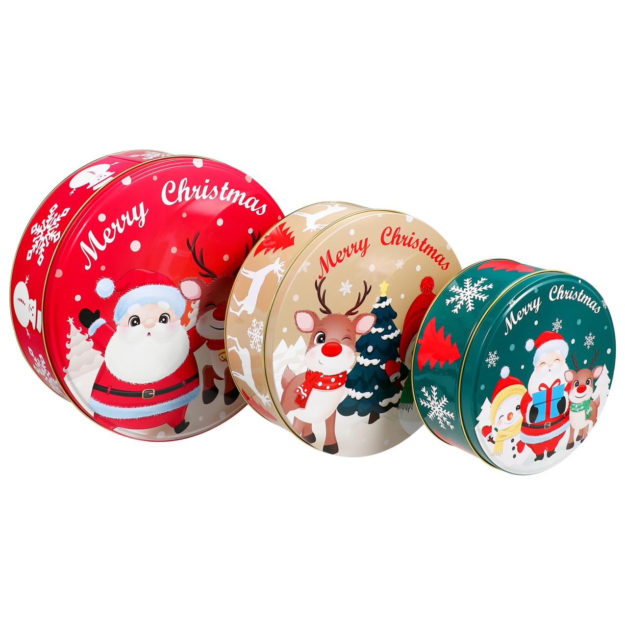 YARNOW Lot de 3 Boîtes à Biscuits de Noël Rondes en Métal avec Couvercles, pour Conserver Bonbons, Biscuits, Friandises Et Cadeaux
