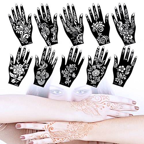 Lady Up 10 Sheets Henna Tattoo Stencils Temporary Tattoo Temples Set Indian Arabian Tattoos Reusable Stickers Stencils Body Art Designs for Hands