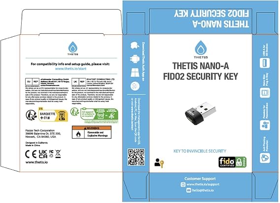 Thetis Nano-A FIDO2 Sicherheitsschlüssel Hardware Passkey Gerät mit USB Typ A TOTP/HOTP FIDO2.0 Zwei-Faktor-Authentifizierung 2FA MFA funktioniert mit Windows/Mac/iOS/Android/Linux/Gmail/Facebook