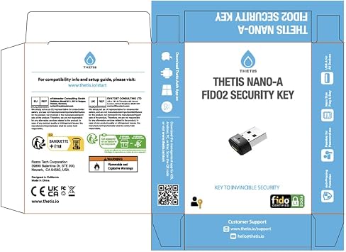 Thetis Nano-A FIDO2 Sicherheitsschlüssel Hardware Passkey Gerät mit USB Typ A TOTP/HOTP FIDO2.0 Zwei-Faktor-Authentifizierung 2FA MFA funktioniert mit Windows/Mac/iOS/Android/Linux/Gmail/Facebook