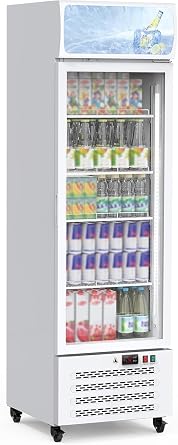 11.3 Cu.Ft Commercial Display Refrigerator, Glass Door Beverage Cooler with Adjustable Shelves, LED Lighting & Advertising Panel, Mobile Design, White