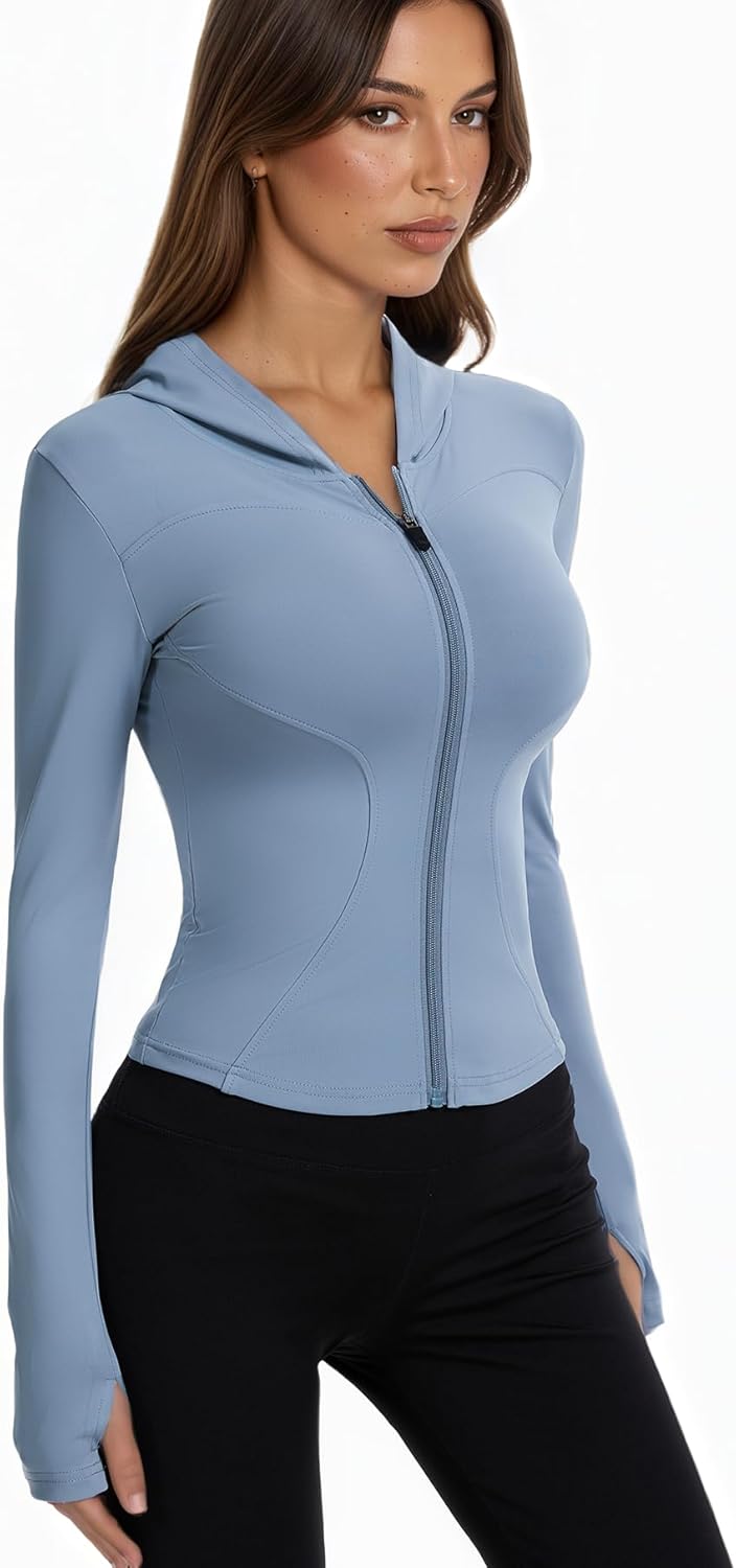 Women Bbl Jackets with Hood Compression Workout Tops Lined or Unlined Lightweight Yoga Gym Jacket with Thumb Hole - Image 5