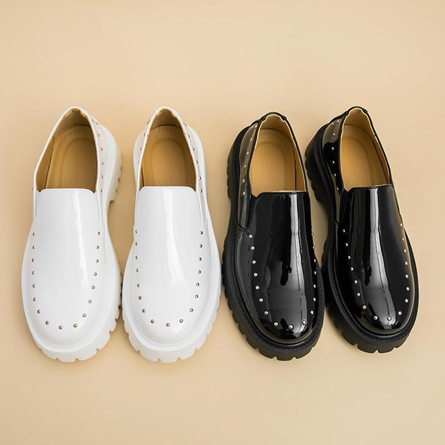 Men's Soft Patent Leather Platform Chunky Slip-On Penny Loafers Fashion Metal Rivets Prom Wedding Party Dress Shoes Non-Slip Lug Sole Business Casual Formal Work Shoes