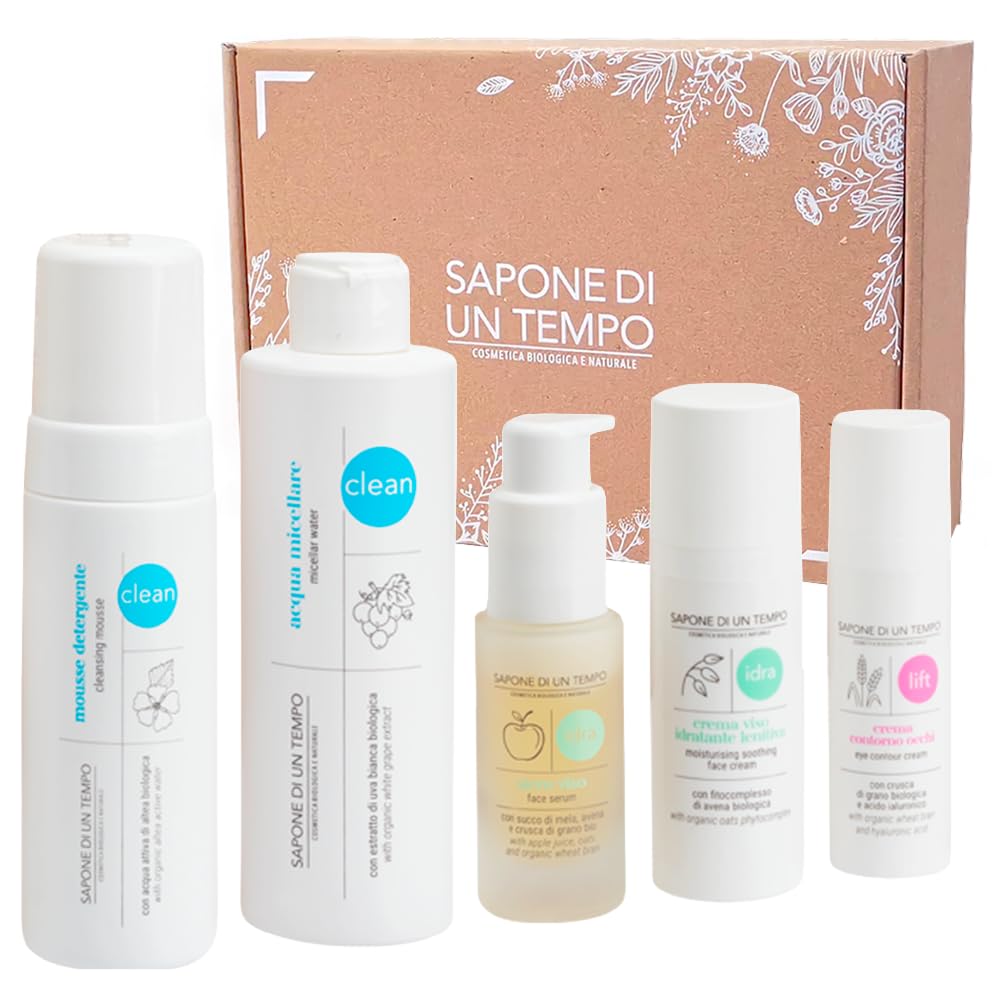 Sapone di un Tempo Kit Skincare Viso Completo con Crema Lenitiva 50 ml, Siero 30 ml, Contorno Occhi 30 ml, Detergente 150 ml e Tonico 300 ml – Set Regalo, Cofanetto Regalo Donna