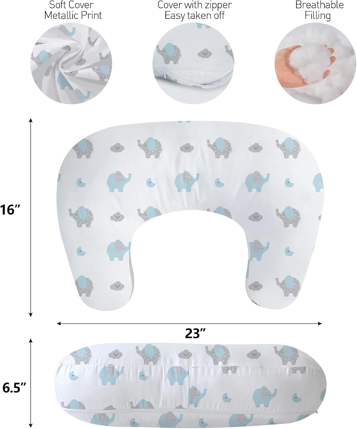 Little Grape Land New Nursing Pillow for Breastfeeding, Larger Breast Feeding Pillow and Positioner with Removable Cover for More Support, Tummy Time and Bottle Feeding Support Pillow, Blue Elephant - Image 5