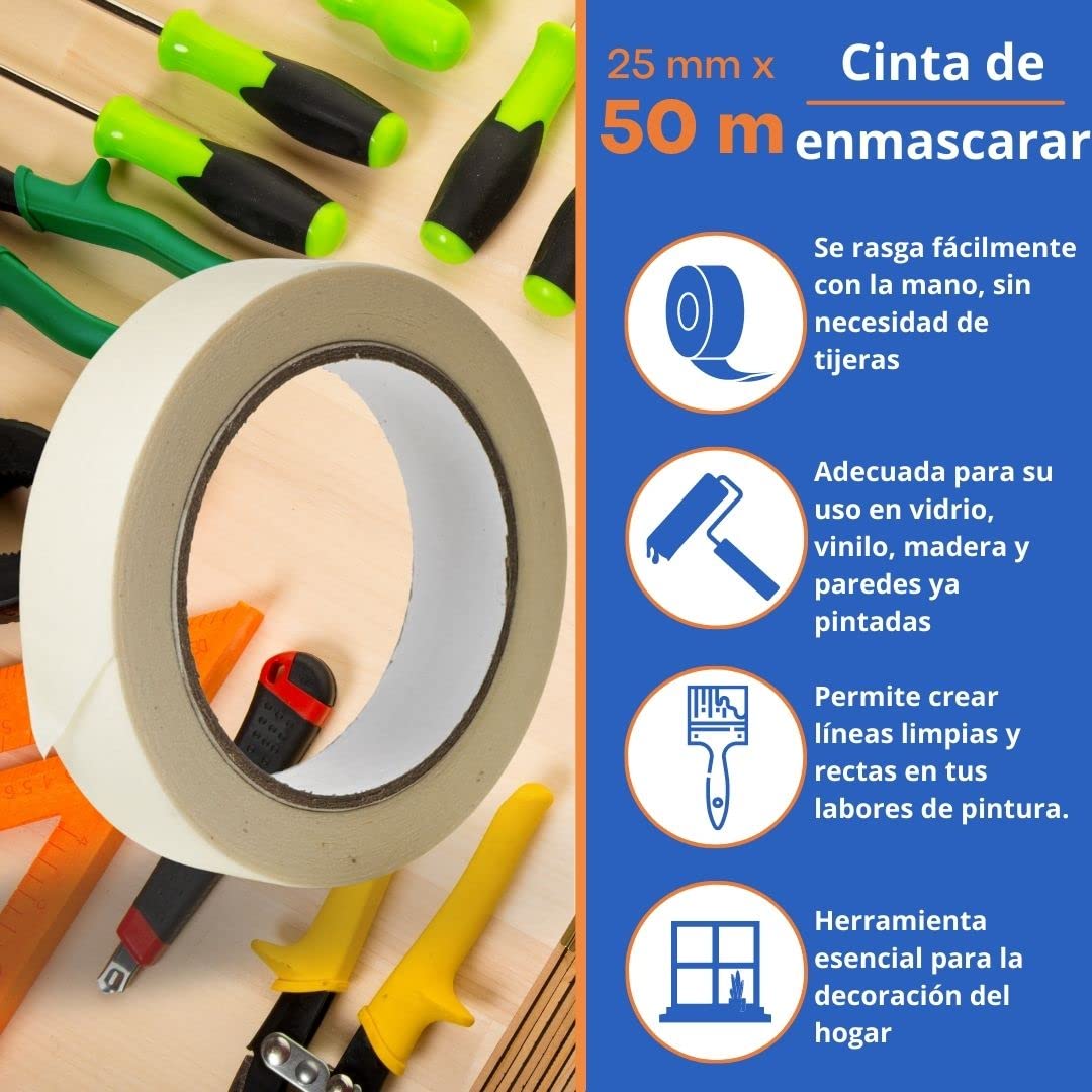 GOCABLETIES - Cinta de enmascarar de 25 mm x 50 m - Cinta Carrocero - Cinta de pintor para proteger las superficies al decorar - Adhesivo sin disolventes - Pack de 2 rollos