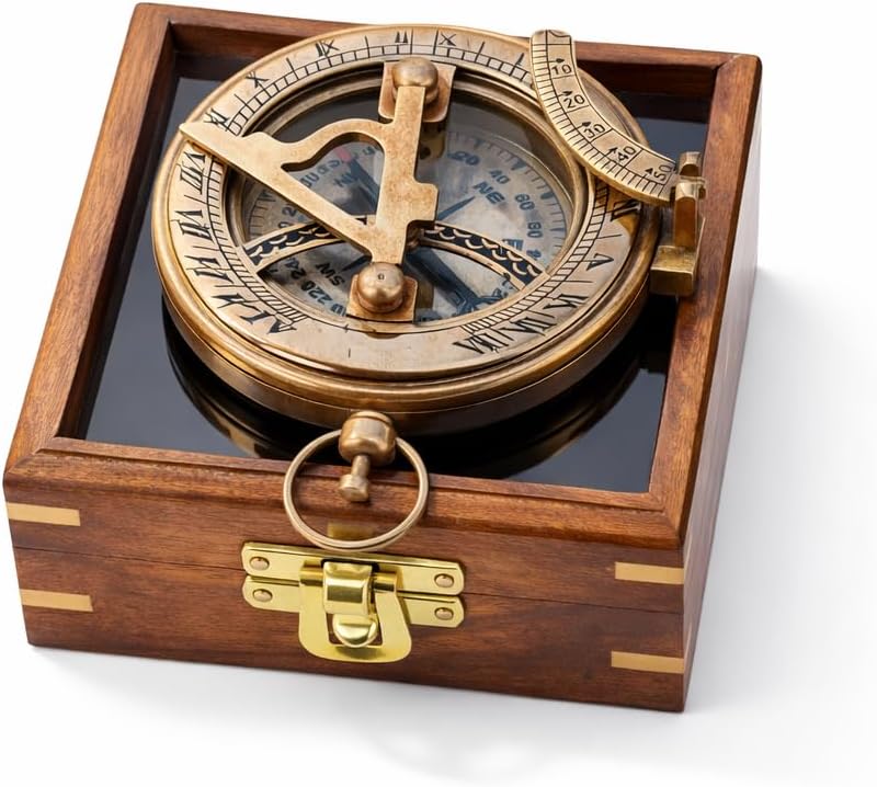 Antique Brass Sundial Compass with Wooden Box – 2.5 Inch Nautical Navigation Instrument, Vintage Maritime Decor Gift for Collectors & Men