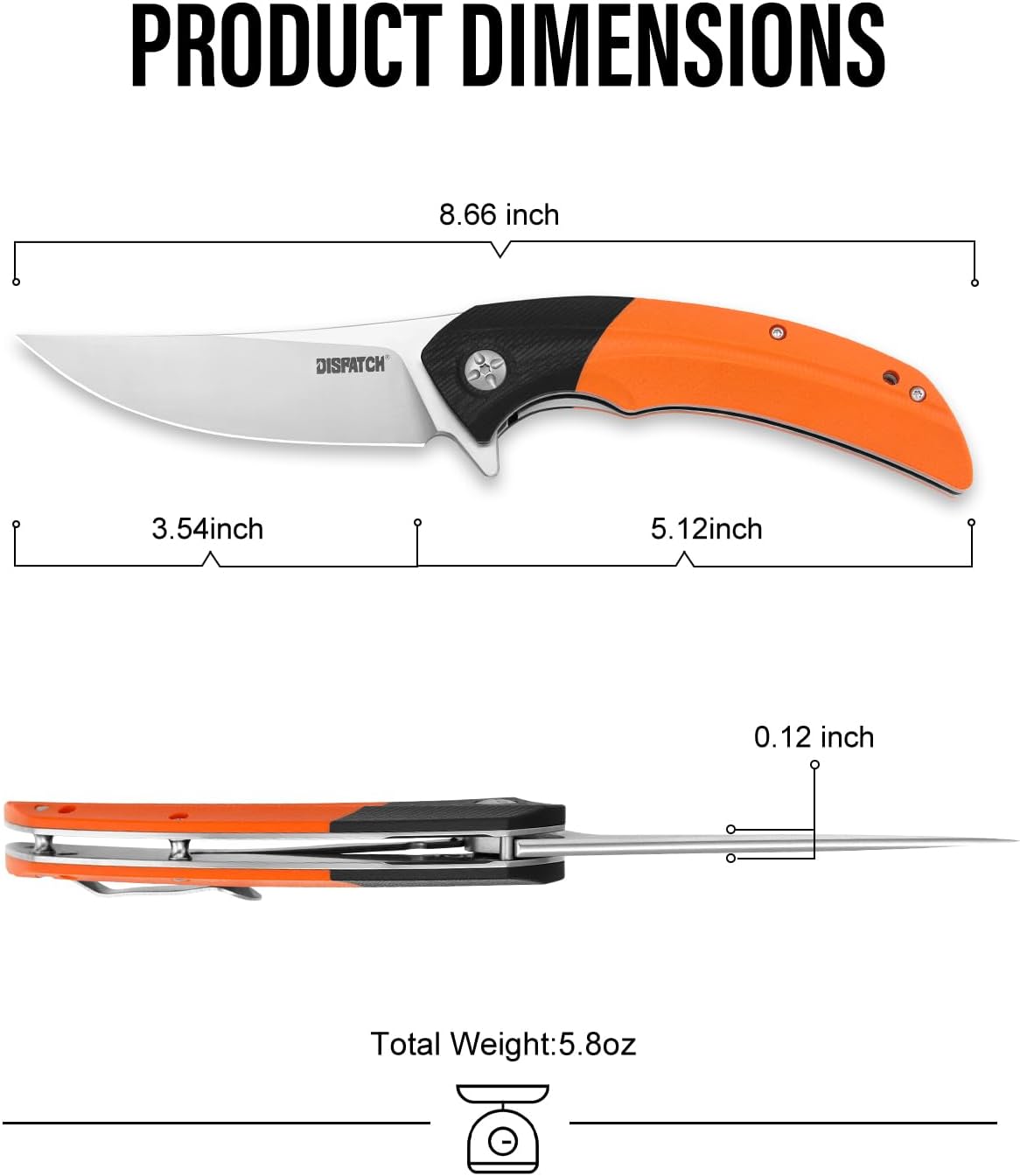 DISPATCH Folding Pocket Knife,3.76"8Cr13Mov Steel Trailing Point Blade G10 Handle,Liner Lock EDC Knife,Tactical Knife,Large Folding knife with Clip,Pocket Knife for Men Women Camping Survival Hiking.