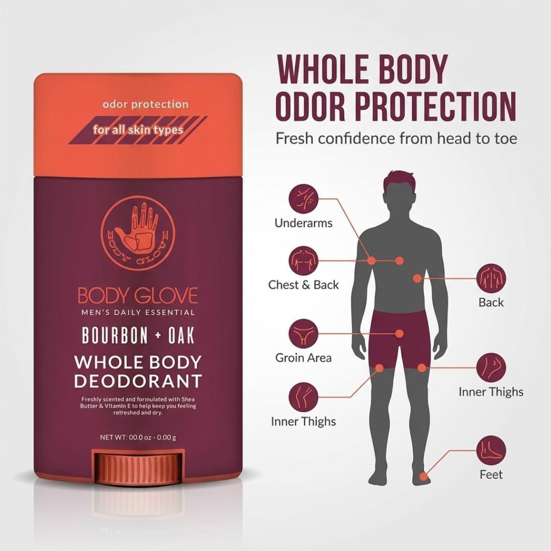 Body Glove Mens Whole Body Deodorant & Antiperspirant Bourban & Oak Scented - Full Body Scented Travel Deodorant for Men, Infused w/Shea Butter & Vitamin E - 2.8 oz. image 3