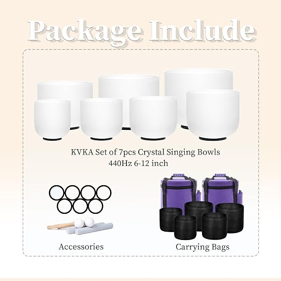KVKA Crystal Singing Bowl Set –432Hz Frosted Quartz White Design – Sound Bowl & Meditation Bowl Chakra Balancing Sound Bath Instruments Therapy Sound (6-12 inch 440Hz)