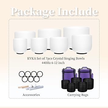 KVKA Crystal Singing Bowl Set –432Hz Frosted Quartz White Design – Sound Bowl & Meditation Bowl Chakra Balancing Sound Bath Instruments Therapy Sound (6-12 inch 440Hz)