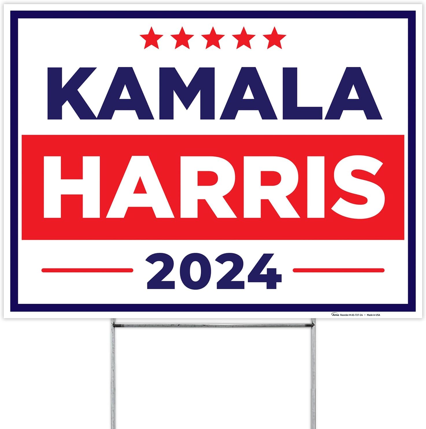 Kamala Harris For President 2024 Sign, Harris 2024 Yard Sign, 12x18 Inches (6 Pack) Coro Plastic Double Sided with Metal H Stake Waterproof, Outdoor Lawn Signage, Made in USA by Armo