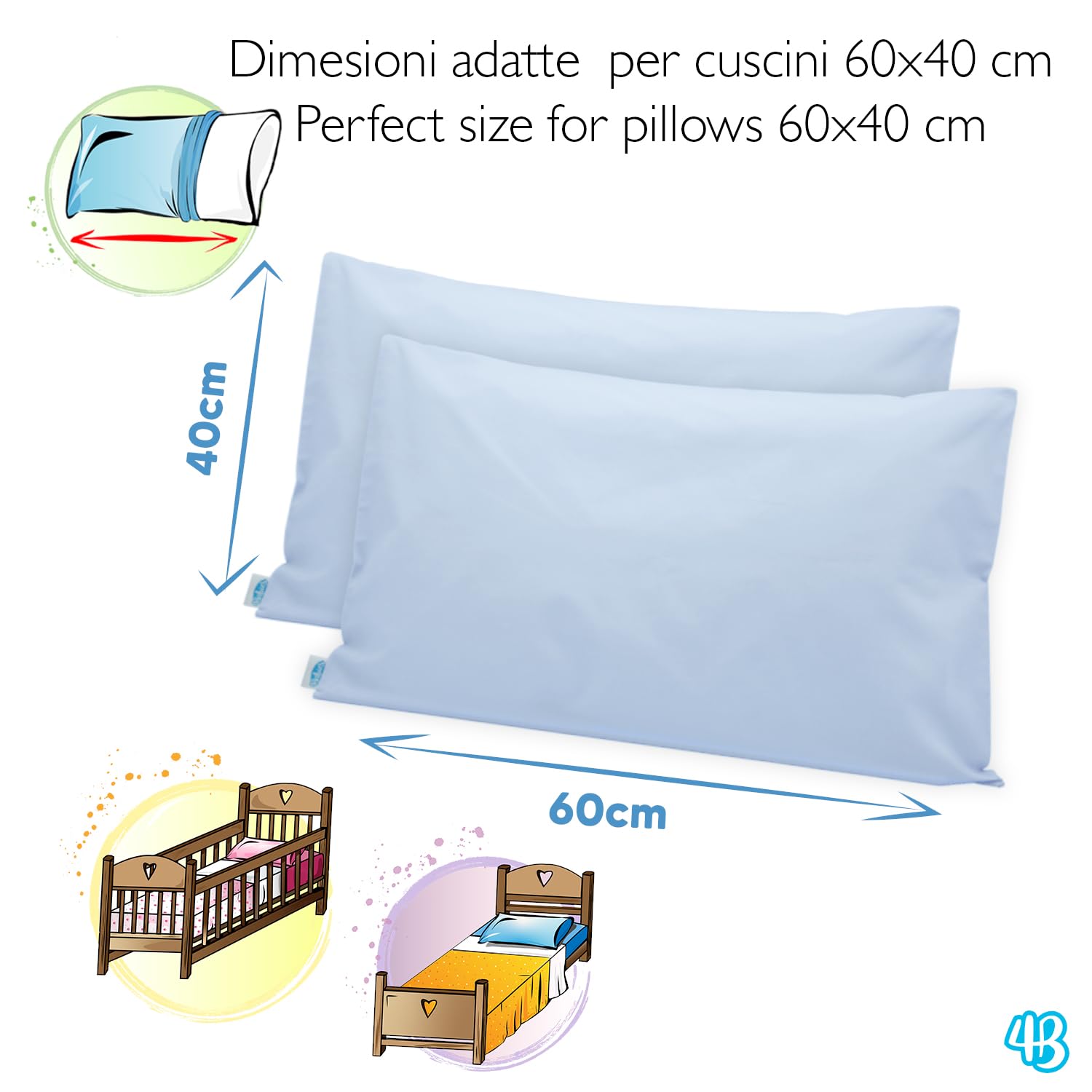 Federe Cuscino 40x60 Bambino Set 2 Puro Cotone Made in Italy OEKO-TEX Biancheria da letto Azzurro