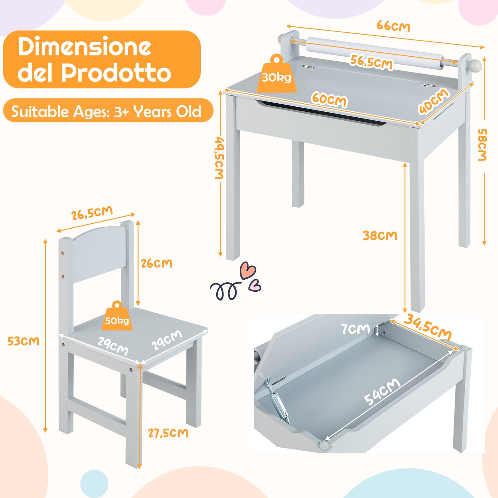 COSTWAY Set Tavolo e Sedia d’Arte per Bambini 3+ Anni, Scrivania in Legno di Pino da Disegno con Portarotolo, Piano Ribaltabile & Vano Portaoggetti, Rotolo di Carta (10m) e 2 Pennarelli (Grigio)