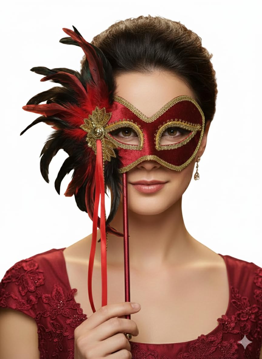 labreeze Red Masquerade Mask with Feathers on Stick, Venetian Style Party Mask with Gold Trim and Ribbon, Handheld Costume Accessory for New Year's Eve