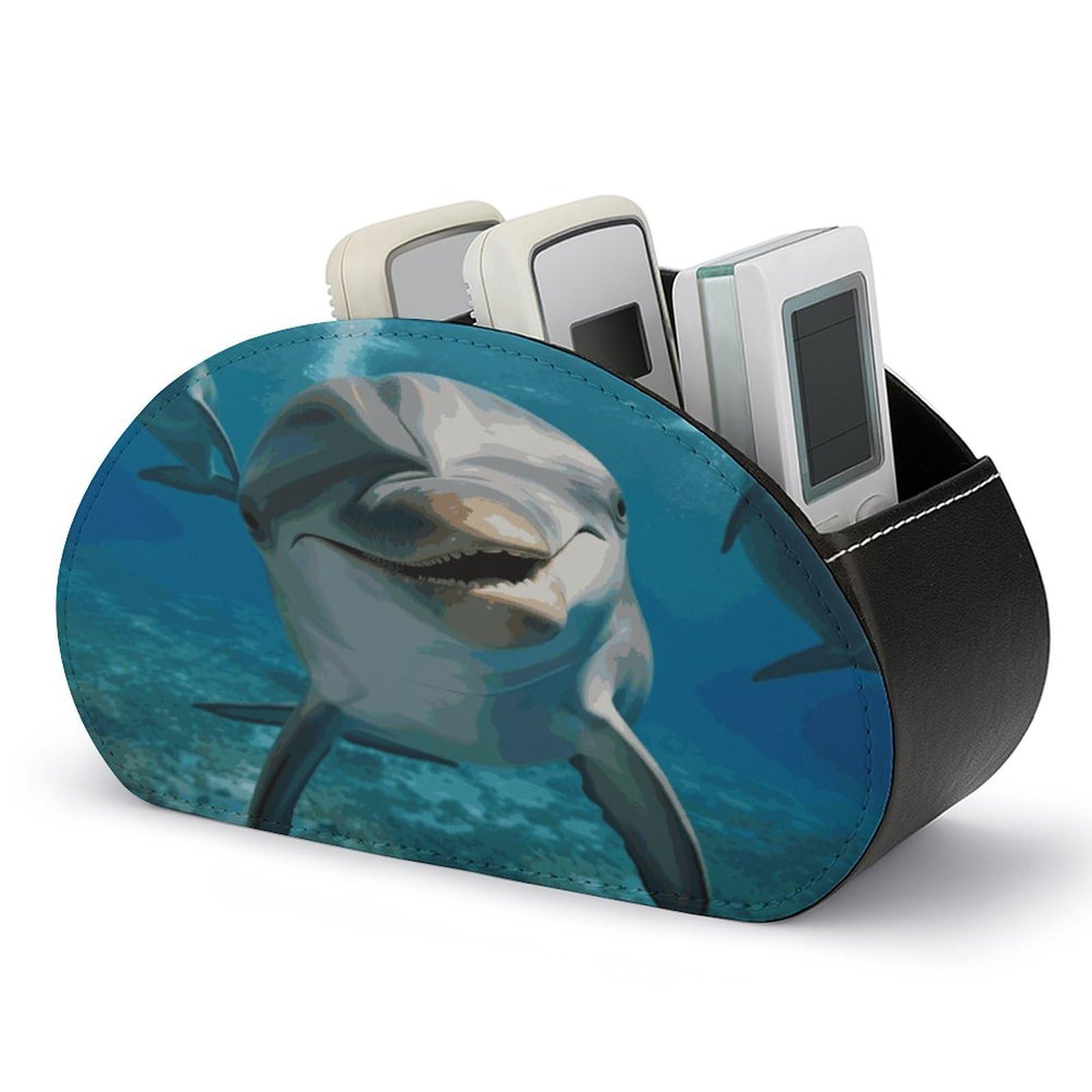 VstaDank Funny Dolphin Looking at You Remote Control Holder with 5 Compartments Pu Leather TV Remote Caddy Storage Box Desktop Organizer Store Controller DVD Brush Pens Glasses&Office Supplies