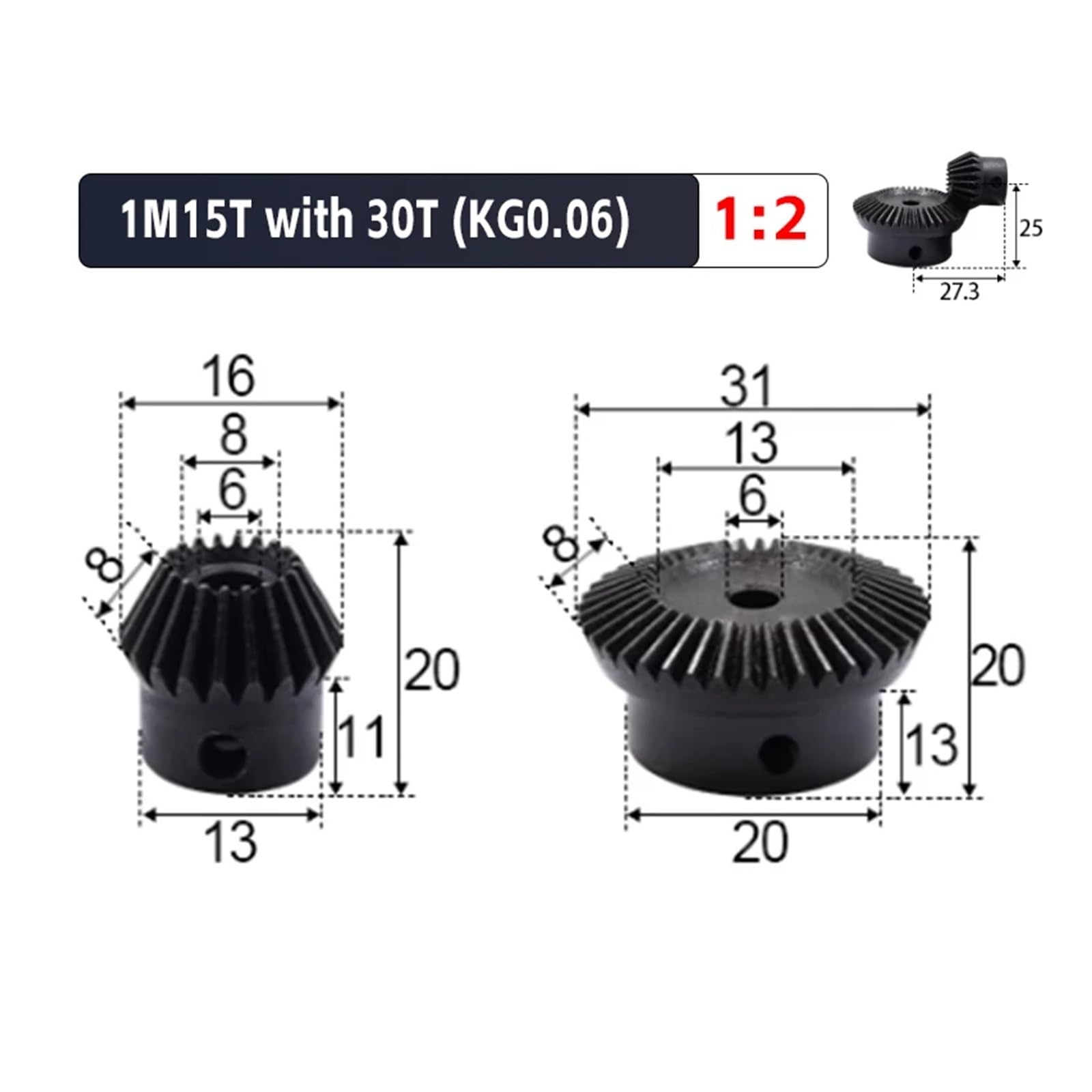 Bevel Gears 2pcs 1:2 Bevel Gear 1Modulus 15Teeth + 30Teeth Inner Hole 6mm 90 Degree Drive Commutation Steel Gears Steel Gears Screw M5