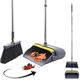 Heavy Duty Broom and Standing Dustpan Combo Set, Rotatable Head Dust Pan and Brush Set with Collapsible Handle, Cleaning Teeth, Hanging Loop, Ideal for Pets, RV, Kitchen, Camping, Outdoor Floor, Gray
