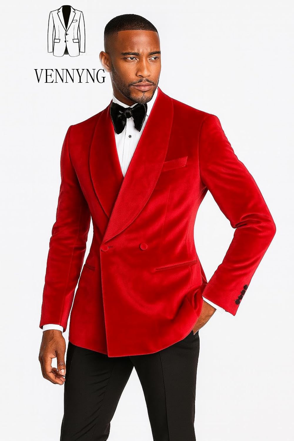 VENNYNG Men's Shinny Velvet Blazer Jacket Double Breasted Shawl Collar Formal Tuxedo Suit Coat for Wedding Party Business