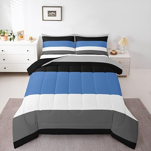 Miniatura 46 de Erosebridal - Juego de edredón con rayas rojas y negras tamaño Queen, juego de ropa de cama con diseño geométrico y estampado de patchwork en blanco