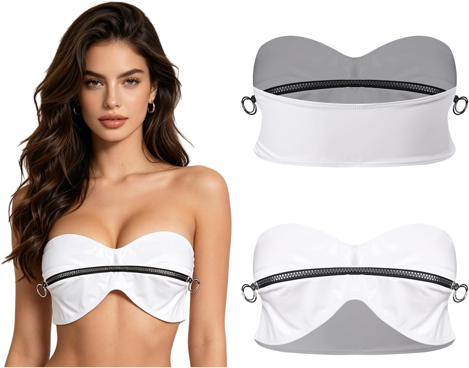 Women Bralette Latex Vest Tops Strapless Balconette Bra PVC Wet Look Leather Shiny Metallic Bandeau for Rave