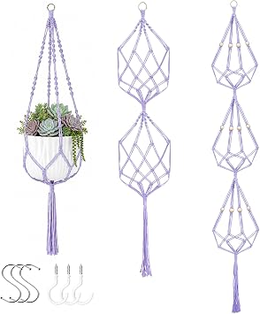 FLOWER Macrame Plant Hanger, Indoor Hanging Plant Holder, 3 Pack, Purple | 6 Hooks, 3 Sizes Different Tiers for 6 Pots, Plant Hanger Outdoor With Beads, Cotton Rope, Boho Balcony Home Ceilings Decor