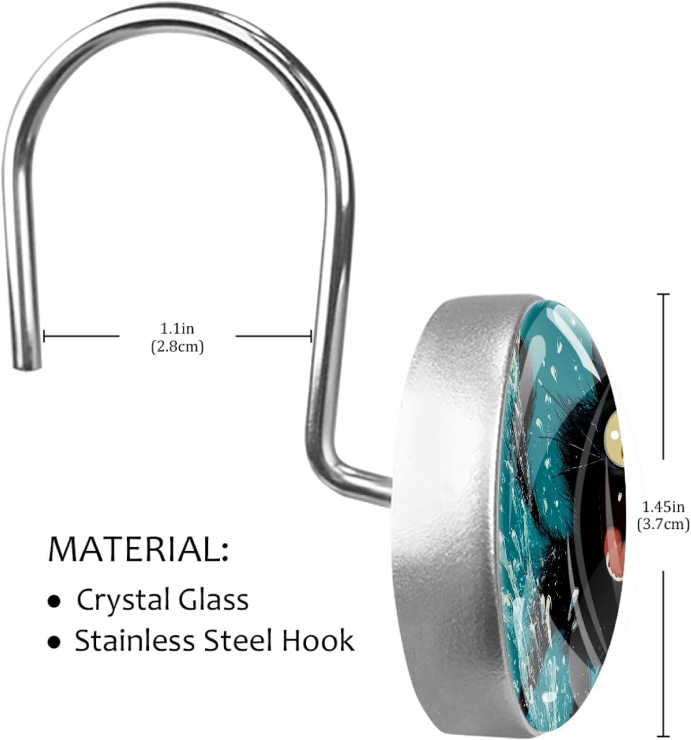 12Pcs Cute Teal and Black Cat Shower Curtain Hooks for Bathroom, Round Home Decorative Shower Curtain Rings, Modern Shower Curtain Hangers Bathroom Accessories