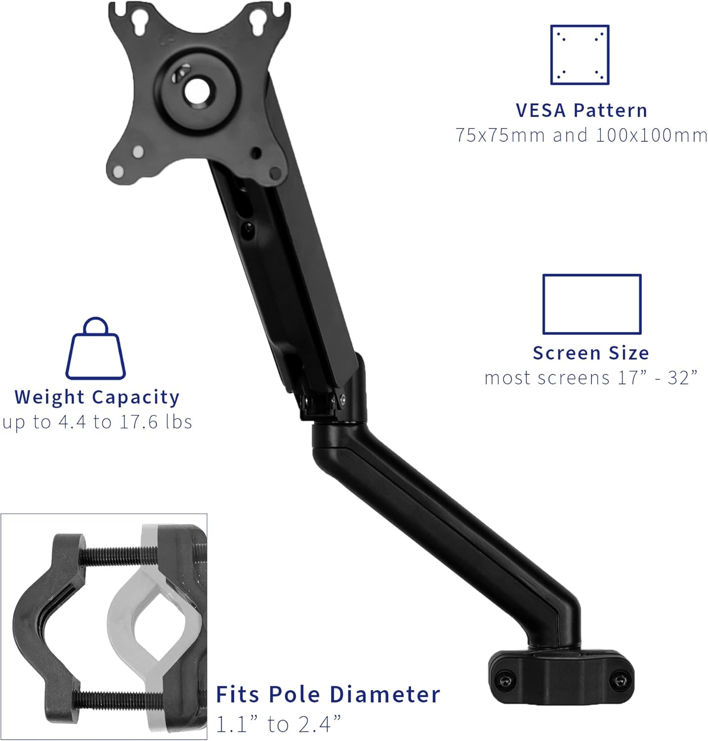 VIVO Universal Full Motion Pneumatic Pole Mount Arm for 17 to 32 inch Monitor Screens, 75mm and 100mm VESA Plate, Black, MOUNT-POLE05O