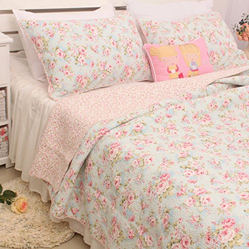 3 Pcs Country Cottage Floral Cotton Bedspread Quilt Coverlet Patchwork Light Blue Full Size #TOP29