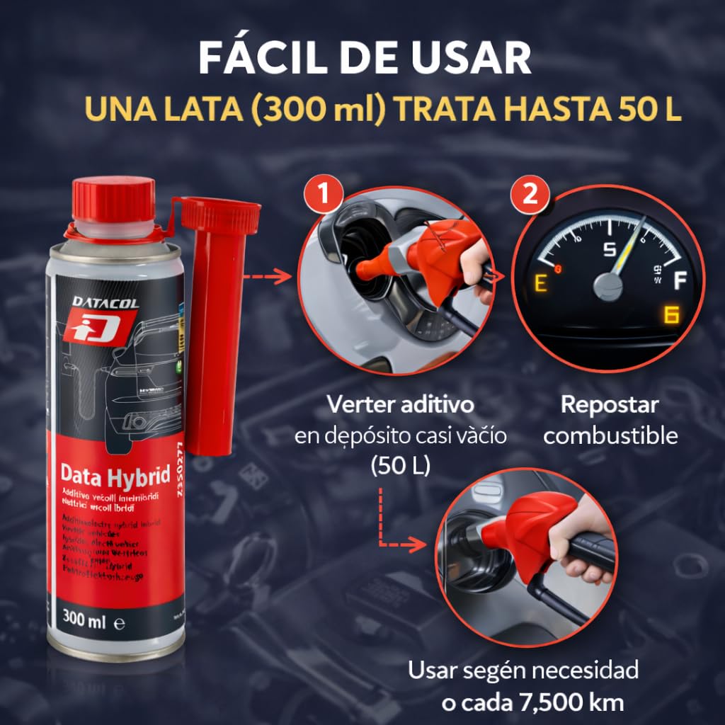 Datacol Aditivo para Coches Híbridos y PHEV (Vehículo Híbrido Eléctrico Enchufable) Data Hybrid – Limpia Inyectores, Previene y Elimina Residuos, Ahorra Combustible y Protege Motor – 300 ml (2)