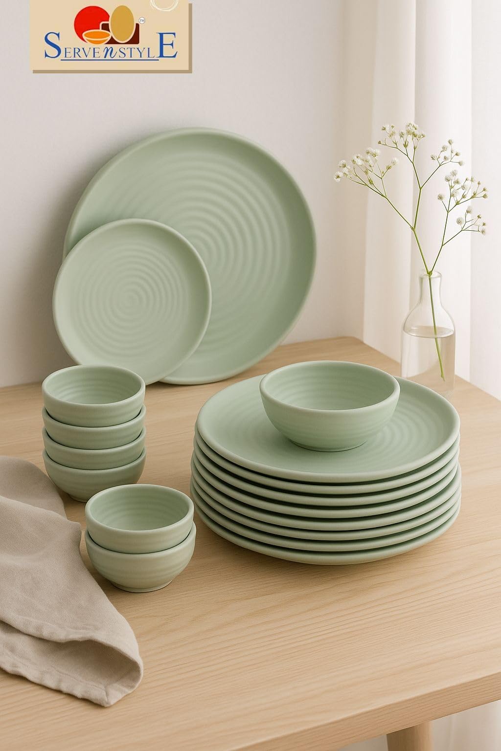 Green Dinnerware Set - 24 Piece Melamine Plates & Bowls -2