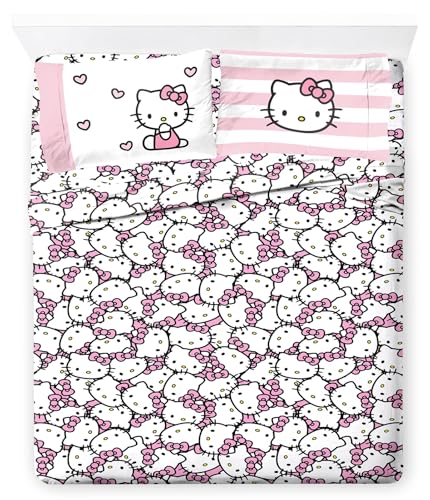 jay franco hello kitty stripes & hearts queen size sheet set - super soft 4 piece bedding set - microfiber sheets include reversible pillow covers