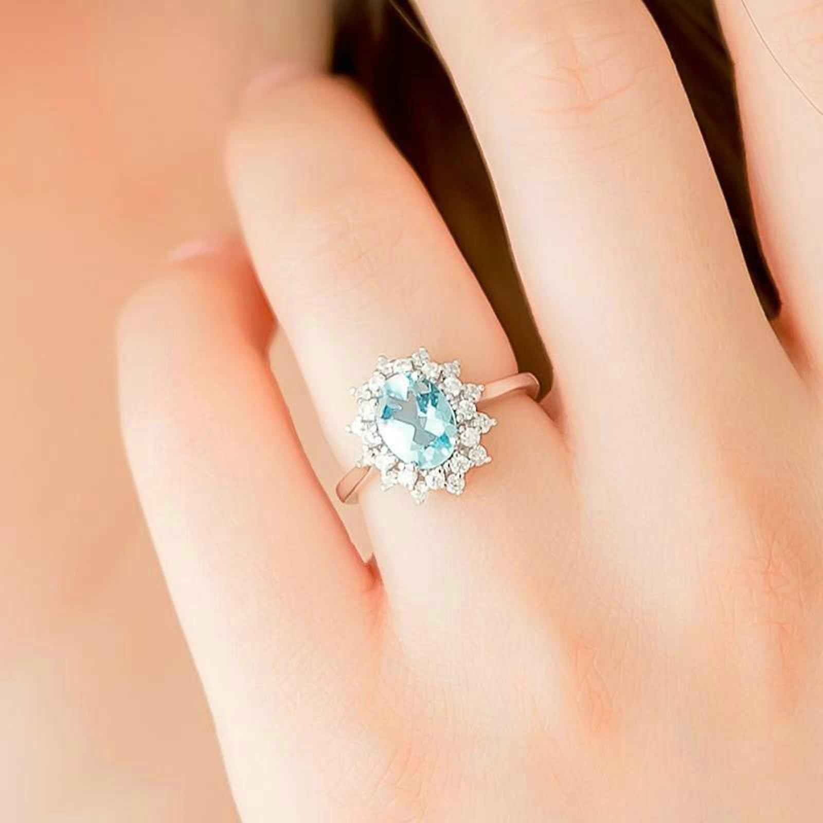 KnSam Białe złoto 9K/14K/18K obrączki ślubne z prawdziwego złota, kwiaty z akwamarynem jasnoniebieskim szlifem owalnym, pierścionek oświadczyny, diament Au 375/585/750 białe złoto, rozm. 47-65