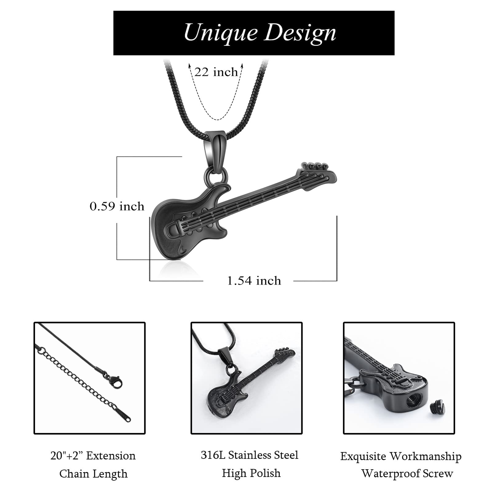 Charms Urn Necklace for Ashes Guitar Guitar Cremation Jewelry for Ashes Stainless Steel Memorial Jewelry -in Loving Memory