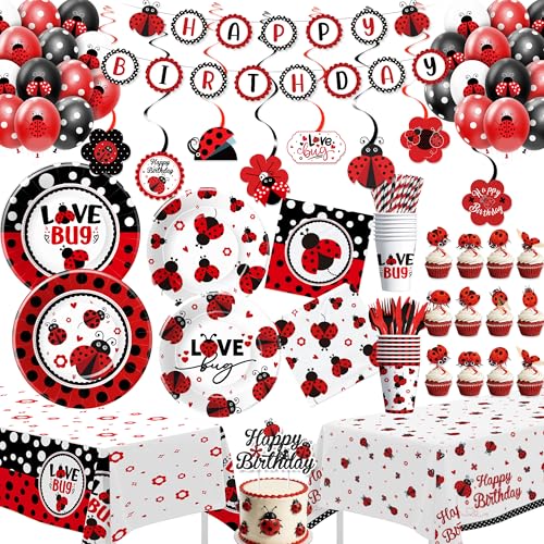 Owelleny Ladybug Birthday Party Decorations Girl Disposable Ladybug Party Supplies for Birthday Baby Shower Paper Plate Napkin Cup Banner Tablecloth Balloon Swirls Topper Cutlery Serves 24