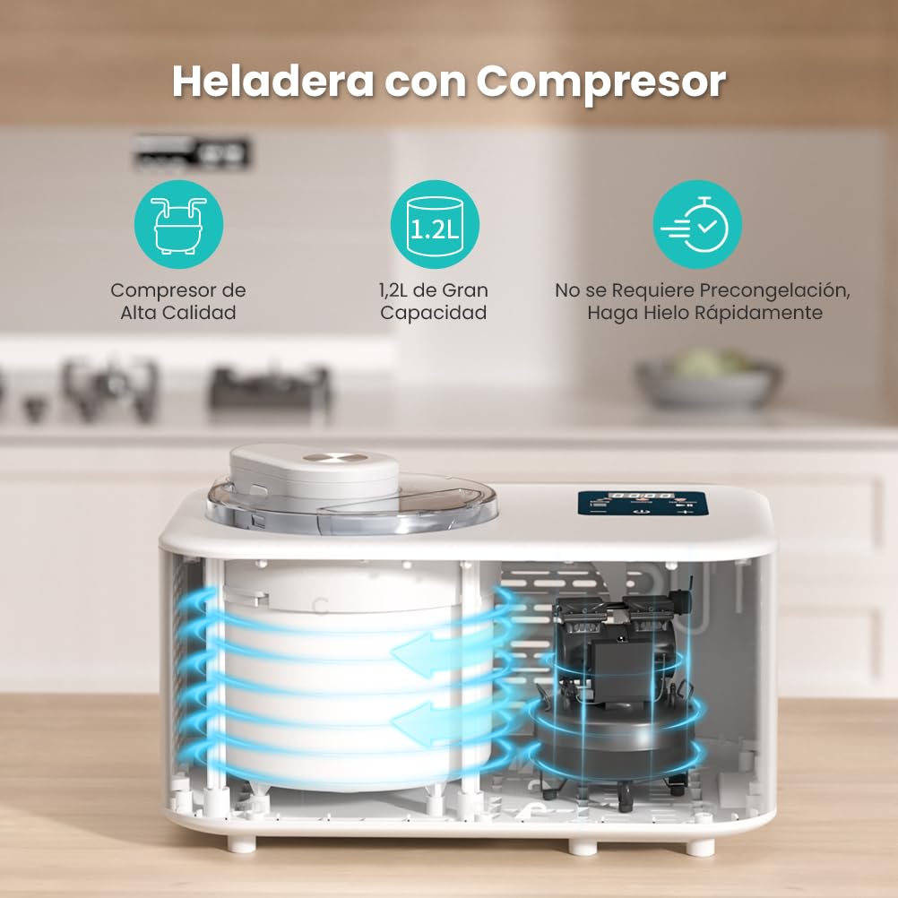 Máquina Para Hacer Helados con Compresor 1,2L, Heladera Eléctrica, Heladera Profesional, 110W, Pantalla Táctil, Cubo de Aluminio Extraíble, Receta & Cuchara, No Requiere Precongelación