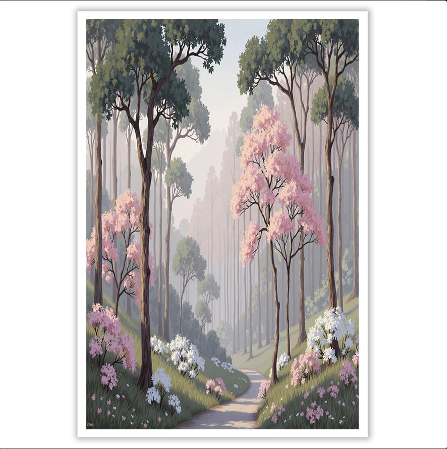 Cuadros decorativos de pared grandes con paisaje de bosque rosa para salón y dormitorio