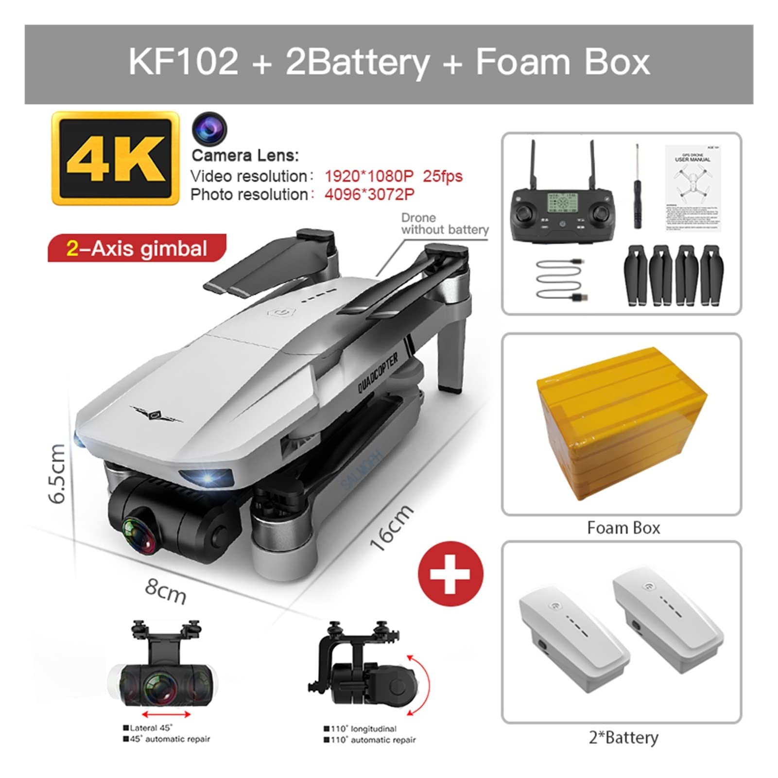 MAX Drone 4K Profesional z kamerą HD 5G WiFi GPS 2- Anti-Shake Gimbal Quadcopter Bezszczotkowy mini dron KF102 4k Dron (Kolor: KF102 2B Foam Box)