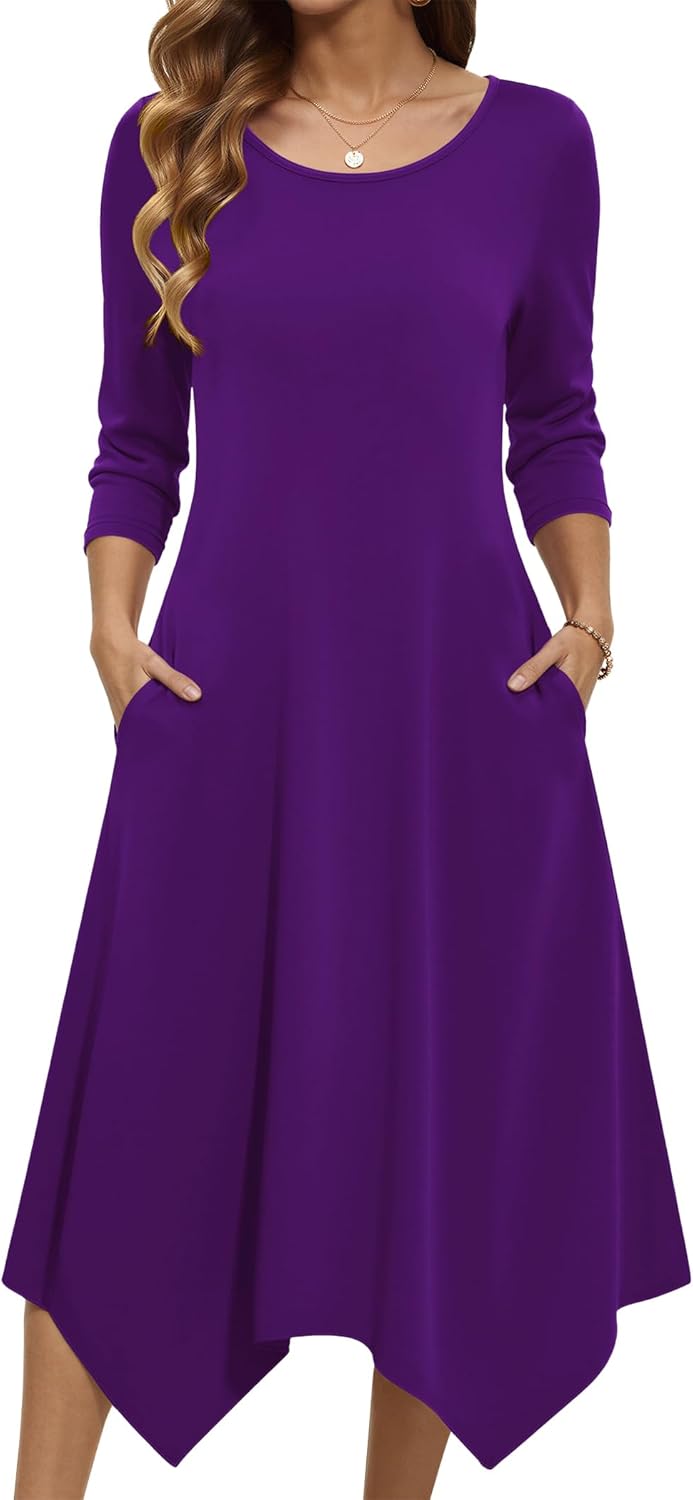 Zeagoo Midi Dresses Women 2026 Spring Dress 3/4 Sleeve Casual Dresses with Pockets A Line Summer Beach Sundress