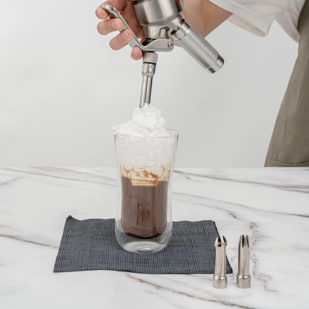 Restaurantware Whip Tek 0.5 Liter Whipped Cream Dispenser 1 Durable Whipped Cream Maker - Cartridges Sold Separately 3 Decorator Tips Included Stainless Steel Whipped Cream Canister Heavy-Duty