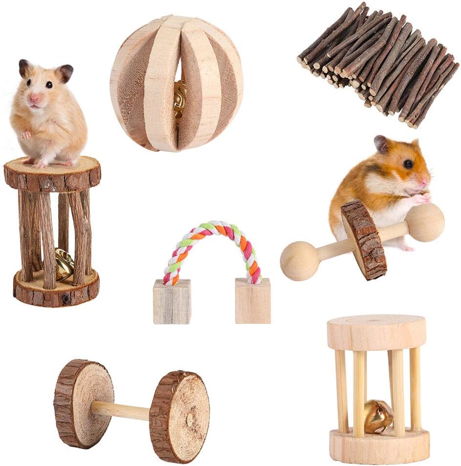 Hamster Toys, Natural Wooden Chew Playing Toy with Dumbbells Bell Roller Seesaw for Guinea Pig Chinchilla Parrot Rat Bunny to Playing…