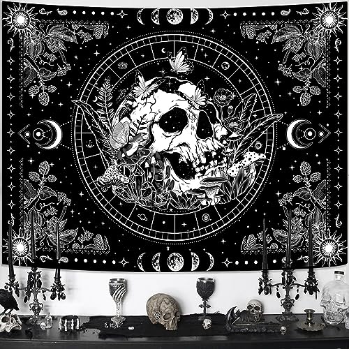 Aipon Black and White Skeleton Tapestry Bedroom Skull Mushroom Tapestries Hippie Nature Plants Floral Flower Aesthetic Tapestry Wall Hanging for Living Room Dorm (Black, 48'' × 36'')