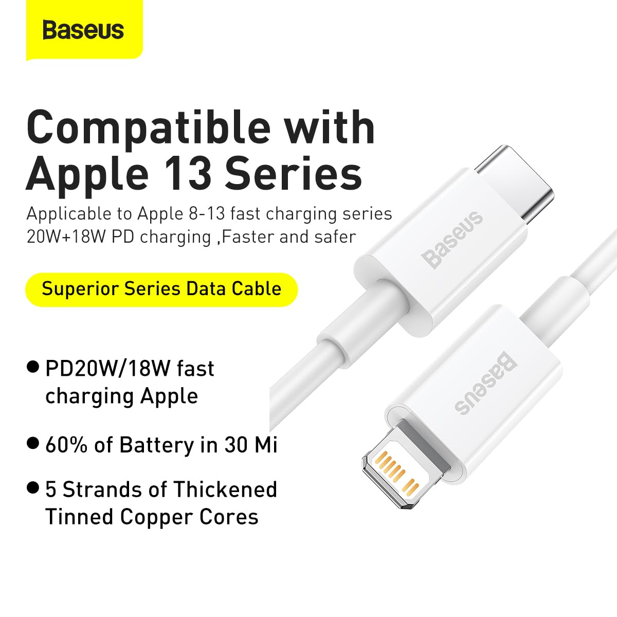 Baseus Cavo Infrangibile In Fibra Aramidica F-12, Tipo C A Lightning, Ricarica Rapida 20W, Trasmissione Dati 480 Mbps, 2 Metri, Bianco, Per IPhone 6-13