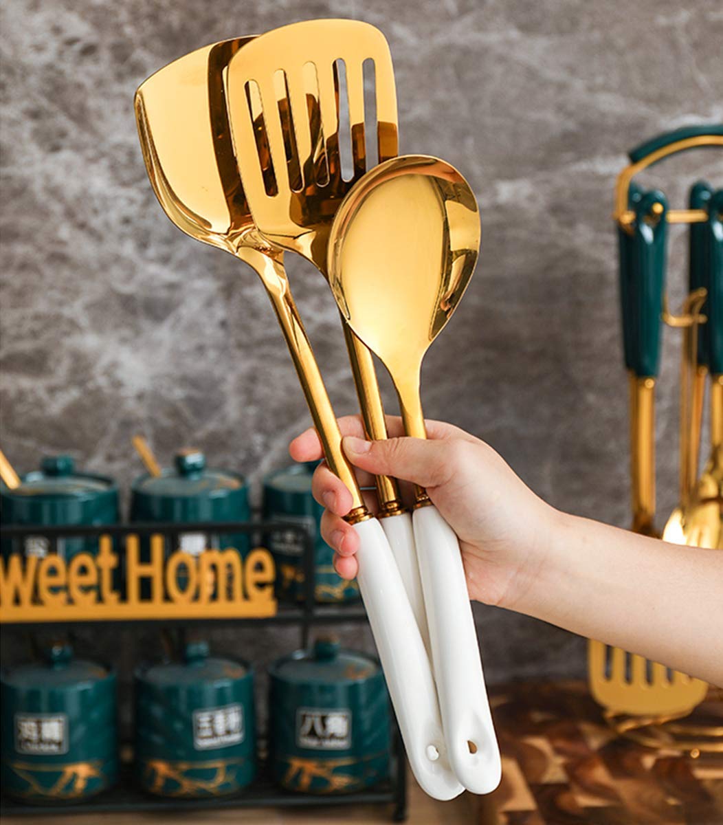 Küchenhelfer-Set 304 Edelstahl 7-teilig Gold Breite Spatel Suppenkelle Sieb Schlitzspatel Spaghetti Server Reislöffel Grün (Weiß)