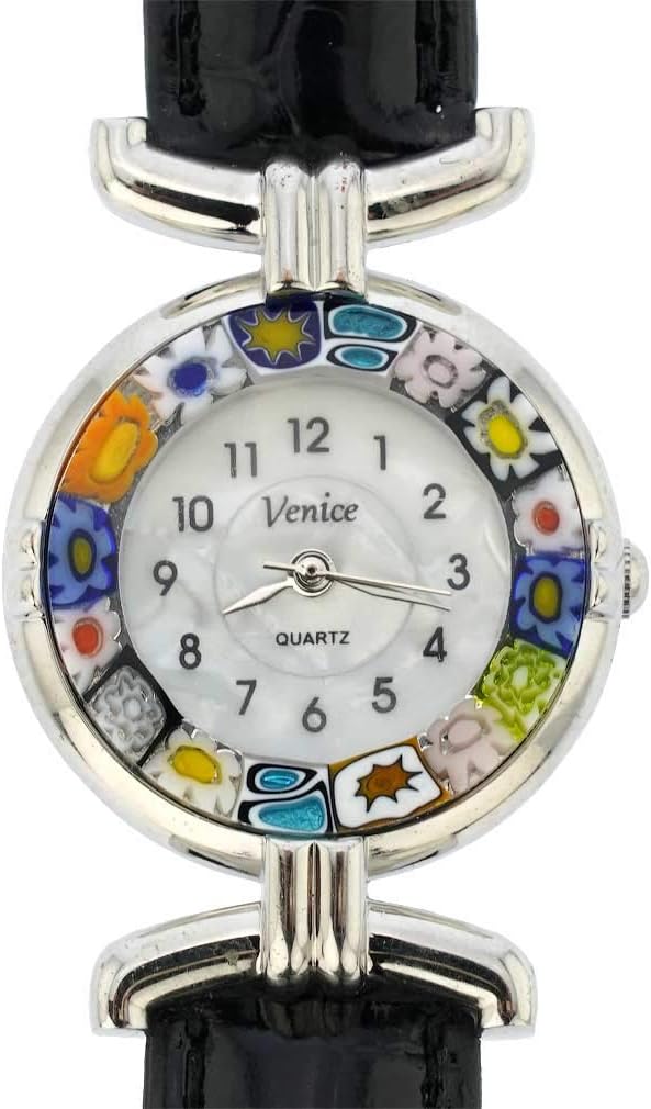 Glass Of Venice Murano Glass Millefiori Watch with Leather Band - Black Multicolor